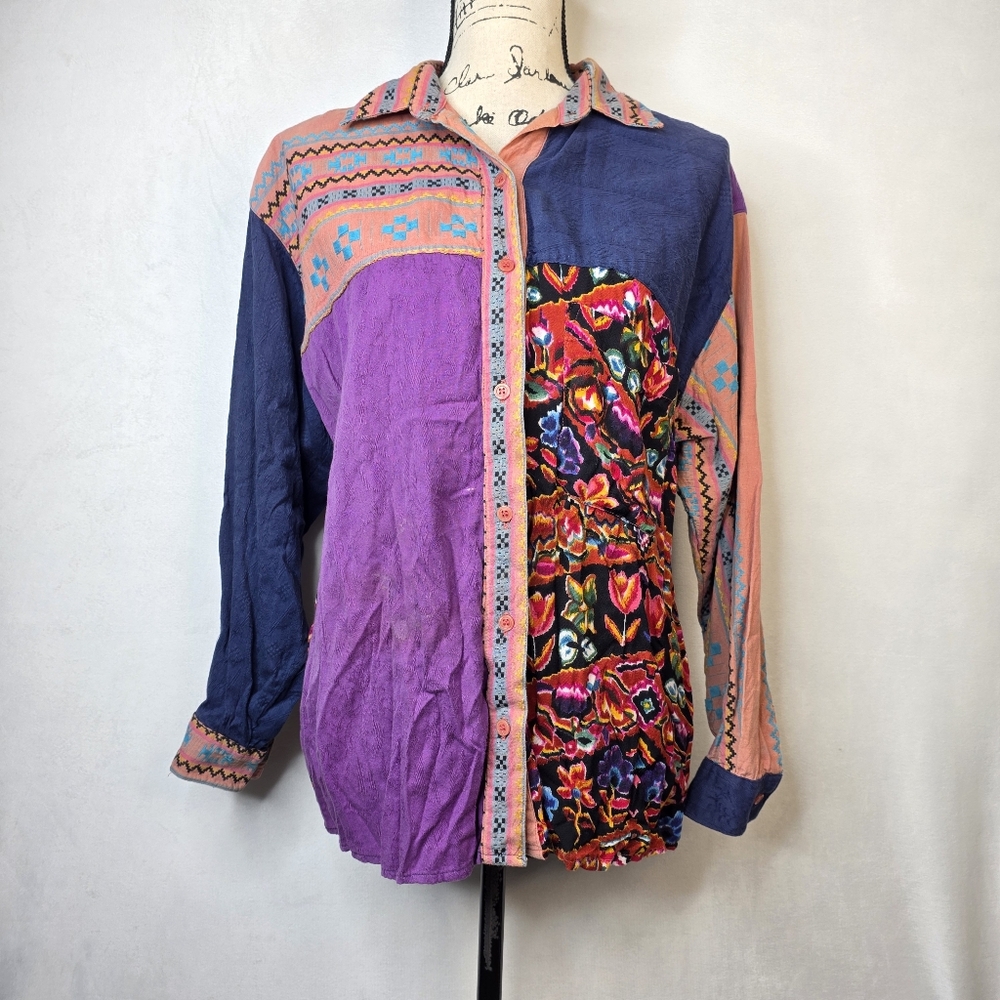 Electrify vintage 80s 90s patchwork color block boho floral button up top sz M